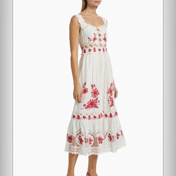 FarmRio: Richelieu Sunflower Linen-Blend Midi-Dress - Off White - Picture 5 of 14